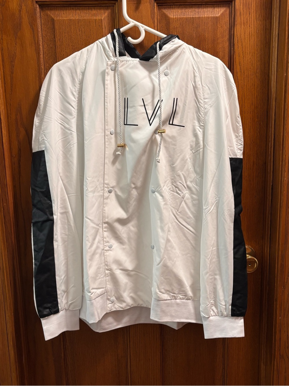 LVL XIII White Double-Breasted Hooded Windbreaker Jacket 13 Back Logo Sz L. NWT